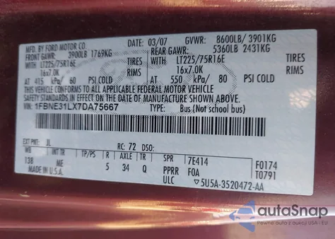 2007 Ford E-350 Super Duty Xl/Xlt from USA, damaged, VIN 1FBNE31LX7DA75667